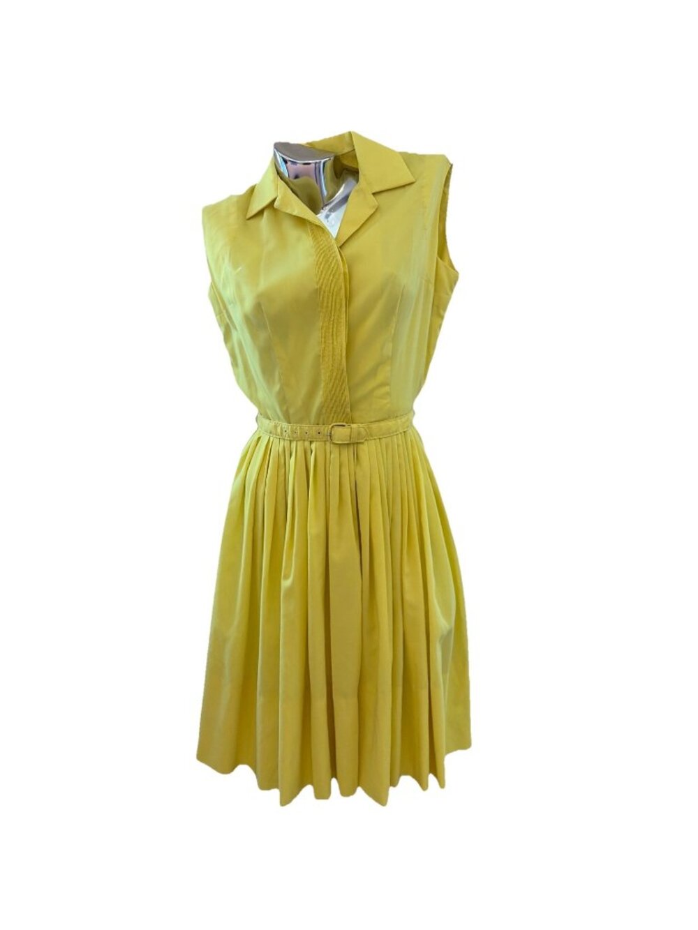 Vintage 70s Pleat Front Midi Shirt Dress Size 4 Yellow Belted Rockabilly Retro